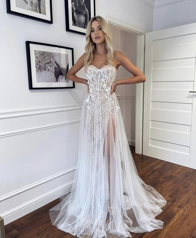 SP1486,Elegant white wedding dresses,lace sweetheart long bridal dress,romantic wedding gown with split