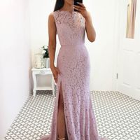 SP1526,Elegant pink lace prom dresses sheath side slit lace evening dress - Thumbnail 1