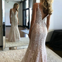 SP1591,Champagne V Neck Mermaid Spaghetti Strap Lace Applique Long Prom Dress - Thumbnail 1