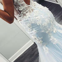 SP1577,Sky Blue Mermaid V Neck Prom Dresses With Lace Appliques - Thumbnail 1