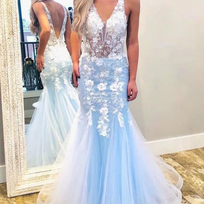 Sp1577,sky blue mermaid v neck prom dresses with lace appliques