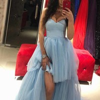 SP1649,Sweetheart Hi-Lo Tulle Blue Long Prom Dresses With Train - Thumbnail 1