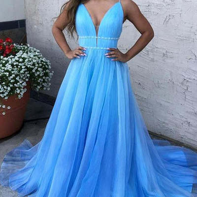 Sp1589,v-neck blue long prom dresses tulle formal dress with beading - Thumbnail 1