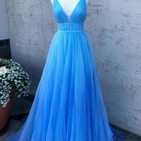 SP1589,V-Neck Blue Long Prom Dresses Tulle Formal Dress with Beading - Thumbnail 1
