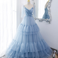 Blue Tulle Long A Line Prom Dress Blue Evening Dress - Thumbnail 2