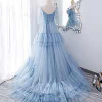 Blue Tulle Long A Line Prom Dress Blue Evening Dress - Thumbnail 3