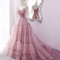 Blue Tulle Long A Line Prom Dress Blue Evening Dress - Thumbnail 5