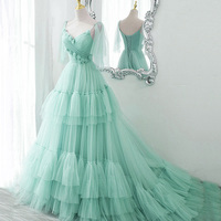 Blue Tulle Long A Line Prom Dress Blue Evening Dress - Thumbnail 4