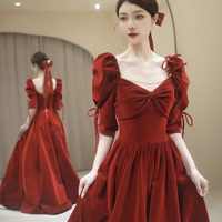 Red vlvet long A line prom dress red evening dress - Thumbnail 1