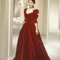 Red vlvet long A line prom dress red evening dress - Thumbnail 3