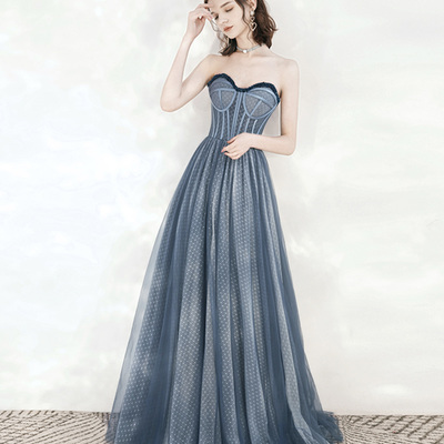 Blue tulle beads long prom dress a line evening dress - Thumbnail 2