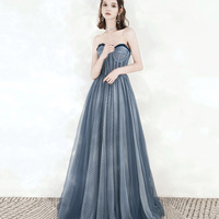Blue tulle beads long prom dress A line evening dress - Thumbnail 1