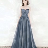 Blue tulle beads long prom dress A line evening dress - Thumbnail 2