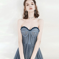 Blue tulle beads long prom dress A line evening dress - Thumbnail 3