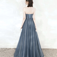 Blue tulle beads long prom dress A line evening dress - Thumbnail 5