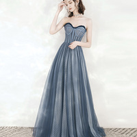 Blue tulle beads long prom dress A line evening dress - Thumbnail 6