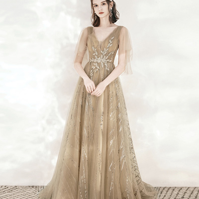 Champagne tulle sequins long prom dress a line evening dress - Thumbnail 1