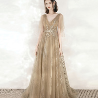 Champagne tulle sequins long prom dress A line evening dress - Thumbnail 1