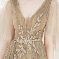 Champagne tulle sequins long prom dress A line evening dress - Thumbnail 3