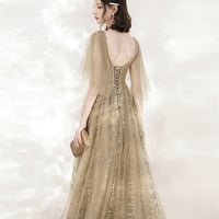 Champagne tulle sequins long prom dress A line evening dress - Thumbnail 4