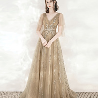 Champagne tulle sequins long prom dress A line evening dress - Thumbnail 5