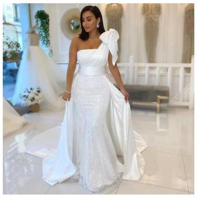 Shiny one shoulder white mermaid wedding dresses with bow satin and sequined bridal gowns ribbons bridal vestidos de novia