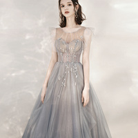 Cute tulle beads long prom dress A line formal dress - Thumbnail 1