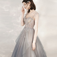 Cute tulle beads long prom dress A line formal dress - Thumbnail 2