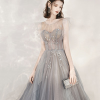 Cute tulle beads long prom dress A line formal dress - Thumbnail 3