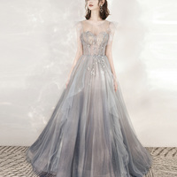 Cute tulle beads long prom dress A line formal dress - Thumbnail 4