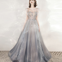 Cute tulle beads long prom dress A line formal dress - Thumbnail 7