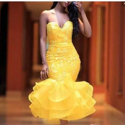 Yellow tea length mermaid prom dresses sweetheart lace appliques tiered skirt cocktail party dress girls formal wear homecoming dress
