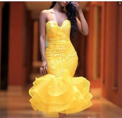 Yellow Tea Length Mermaid Prom Dresses Sweetheart Lace Appliques Tiered Skirt Cocktail party Dress Girls Formal Wear Homecoming Dress