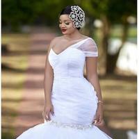  Plus Size Wedding Dresses With One Shoulder Beads Mermaid Wedding Gowns Robe de mariee Beaded Crystals Trumpet Bridal Dress - Thumbnail 2