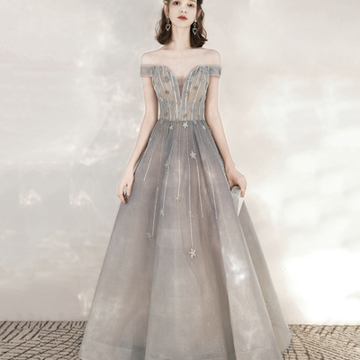 Gray tulle sequins long prom dress with star - Thumbnail 2