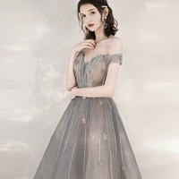 Gray tulle sequins long prom dress with star - Thumbnail 4