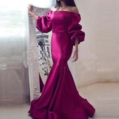 Elegant long sleeves prom dresses with off the shoulder satin floor length mermaid evening gowns custom made african women party dress