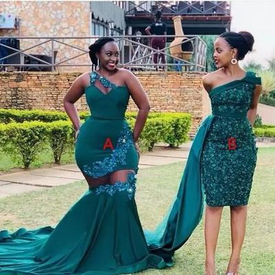 Two styles mermaid prom dresses african lace appliques plus size maid of honor dress one shoulder see through evening formal gowns