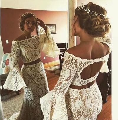 Country Style Two pieces Beach Wedding Dress bohemian Lace Dress Mermaid Hollow Back poet long sleeves Bridal Gowns Backless