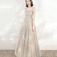 Champagne tulle sequins long prom dress evening dress - Thumbnail 1