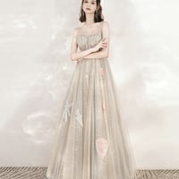 Champagne tulle sequins long prom dress evening dress - Thumbnail 4