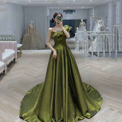 Green satin long prom dress a line evening dress - Thumbnail 3