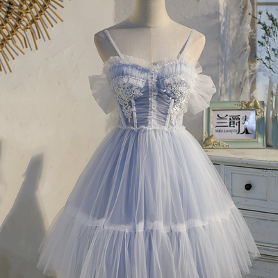 Blue tulle lace short prom dress homecoming dress - Thumbnail 3