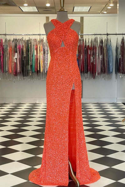 Stunning Cross Back Mermaid Sparkly Prom Dress with High Slit