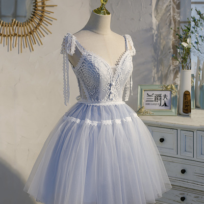 Blue lace short a line prom dress homecoming dress - Thumbnail 4