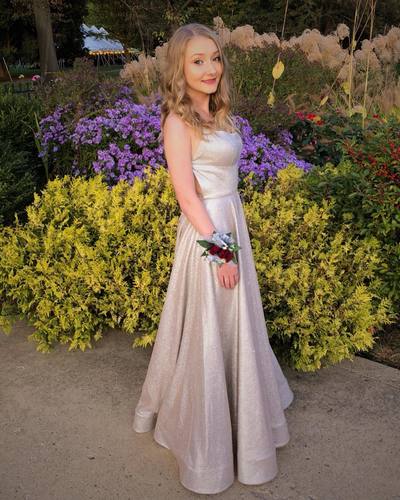 Charming A Line Scoop Neck Slivery Sparkly Prom Dress with Slit