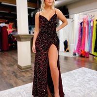 Stunning A Line V Neck Velvet Sequins Dark Green Prom Dress with Slit - Thumbnail 1