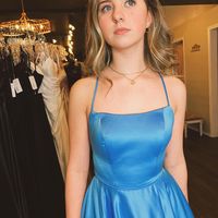 Cute A Line Square Neck Straps Blue Satin Long Prom Dress with Slit - Thumbnail 1