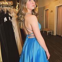 Cute A Line Square Neck Straps Blue Satin Long Prom Dress with Slit - Thumbnail 2