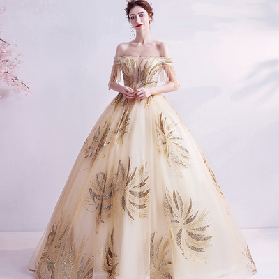 Champagne tulle beads long prom dress a line evening gown - Thumbnail 5